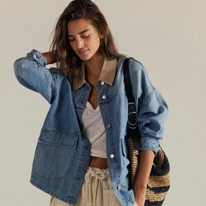 Free People Lemon Denim Jacket with Tan Collar